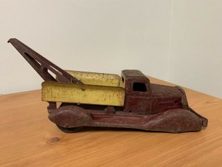Antique Rusty Red Metal Toy Tow Truck With Only One Wheel