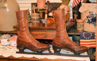 Rare Victorian Era High Top Leather Lace Up Ice Skate Boots & Union Hw Skates