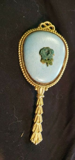 Antique HAND HELD MIRROR Vintage Art Deco Victorian Vanity Turquoise Leather 2