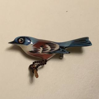Rare Vintage Takahashi Wood Blue Colored Bird Brooch Pin Hand Painted & Carved