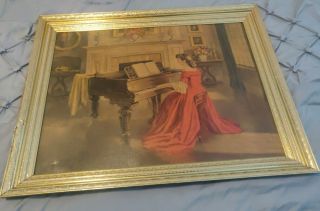 Vintage Framed Print Sonata By Artist M.  Ditlef Lady In Red Dress Playing Piano