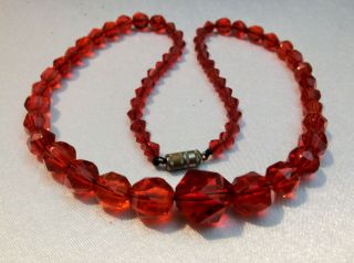 Antique Vintage Red Glass Faceted Graduated Bead 17 " Brass Barrel Clasp Necklace