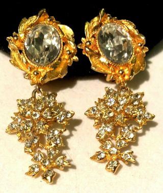 Rare Vintage 3 " Signed Miriam Haskell Gilt Clear Rhinestone Dangle Clip Earrings