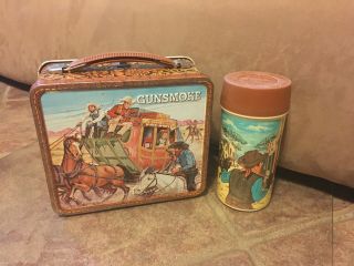 Vintage Very Rare 1973 Gunsmoke Metal Lunchbox With Matching Thermos VG 2