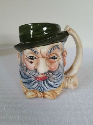 Character Mug Old Man With Gray Beard,  Green Hat And Beige Pipe Rare Toby Jug