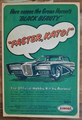 Vintage 1967 Aurora Green Hornet Black Beauty Model Car Kit Advertisement