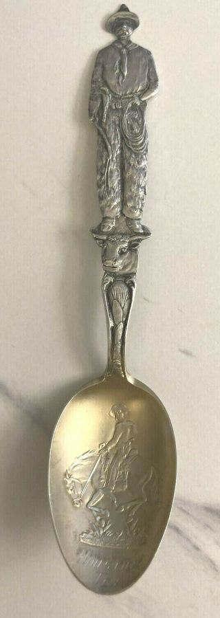 Rare Antique Sterling Silver Souvenir Spoon Houston Texas Full Size Cowboy & Gun