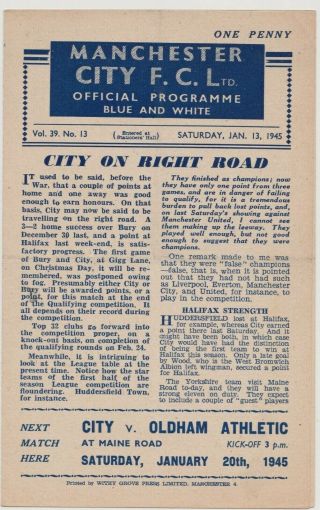 Rare Ww2 War - Time Football Programme Manchester City V Halifax Town 1945