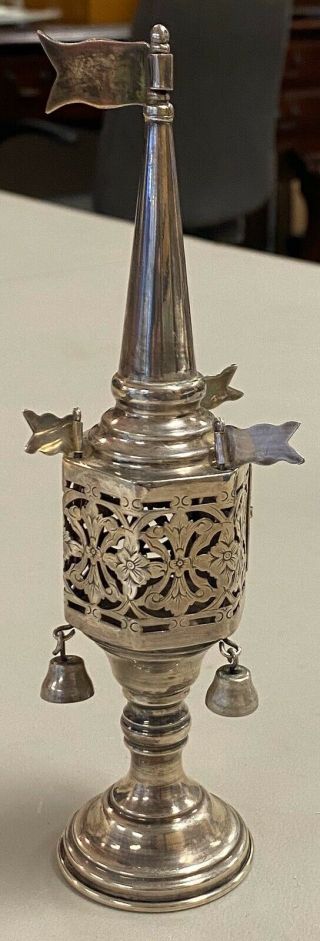 Antique Sterling Silver Fancy Spice Box / Tower Judaica 8” Rare Quality