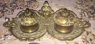 Antique Vintage Footed Victorian Bronze Brass Double Ink Wells