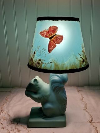 Rare Van Briggle Pottery Squirrel Lamp,  Real Butterfly Shade Blue Green
