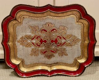 Wow Vintage Antique Italian Florentine Red Gold Tole Large Platter Serving Tray