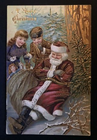 Christmas Santa Claus Sleeping In Forest Children Look Antique Postcard - - C - 336
