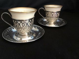 Vintage Whiting Sterling Demitasse Cup Holders And Saucers With Lenox Cups