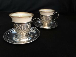 Vintage Whiting Sterling Demitasse Cup Holders and Saucers With Lenox Cups 2