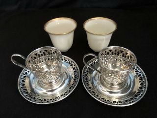 Vintage Whiting Sterling Demitasse Cup Holders and Saucers With Lenox Cups 3