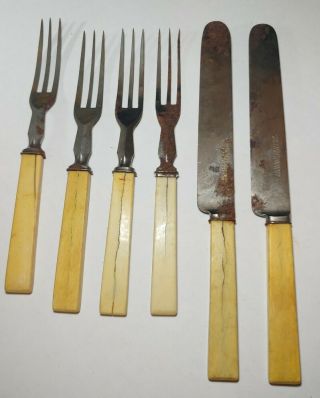 Antique Pratt Ropes Webb & Co.  American Cutlery 2 Knives & 4 Forks Bone Handle