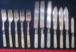 12 Sterling Collar Mother Of Pearl Forks & Knives J Russell,  Holmes,  Tg&s