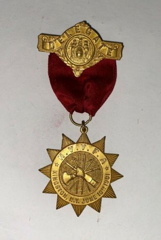 Antique Hudson Valley Volunteer Firemen Delegate Ribbon Medal1901 Pin Aa N653 Pa