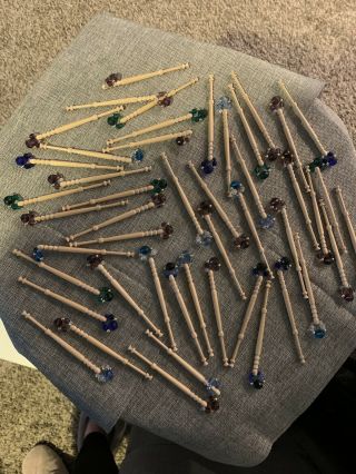 47 Antique Vintage Lace Wooden Bobbins With Spangles And Intricate Grooving