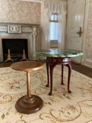 Vintage Miniature Dollhouse 1:12 Two Carved Wood Faux Marble Accent Tables Old