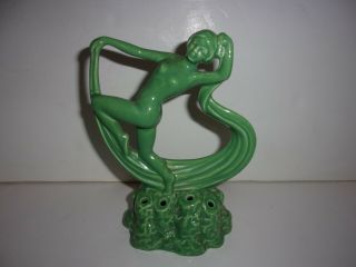 Vintage Art Deco Nude Scarf Dancer Flower Frog Green England 7 1/2 Inches High