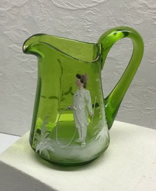 Mary Gregory Green Glass Pitcher - Tri - Color Enameled Hand Painted Boy,  4”,  Pontil