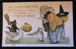 Antique Whitney Halloween Greetings Postcard Witch Goose Jol Cat Owl Vintage - C90