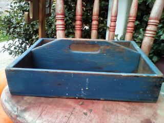 Early Primitive Wooden Carrier Tote Old Blue Paint