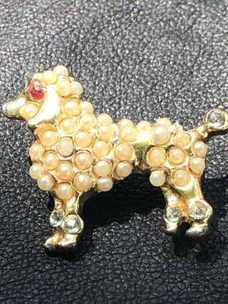 Poodle Dog Rare Seed Pearl Rhinestone Vintage Antique Pot Metal Brooch Pin