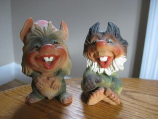 Vintage Set Of 2 Henning Norway Carved By Hand 3 5/8 " & 3 3/4 " Wood Trolls
