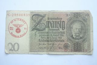 1 X Ww2 Germany Banknote.  20 Reichsmark.  Sa Der Nsdap Stamp In Red.  Very Rare.