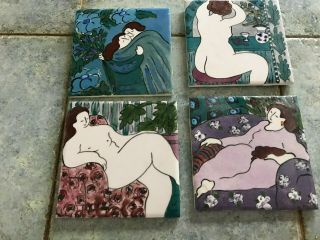 5 Hand Painted Ceramic Tiles By Vermont Artist Carol Keiser.  Signed.