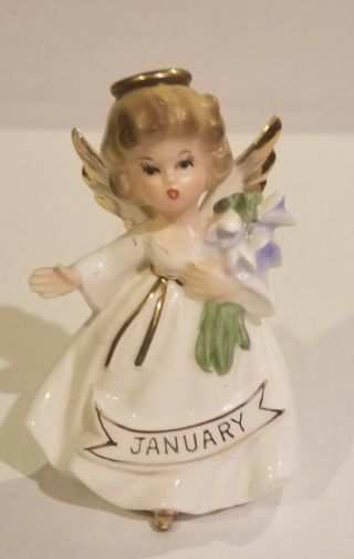 Vintage Enesco January Angel Of The Month Figurine W/ Halo,  Flowers Japan Rare