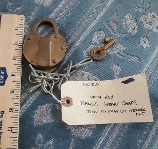 Vintage Brass Heart Lock With Key.  Jhw Climax Co.  Newark Nj,  Antique
