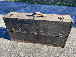 Antique Large Primitive Vintage Wood Tool Box Handmade Carpenters Metal Outside