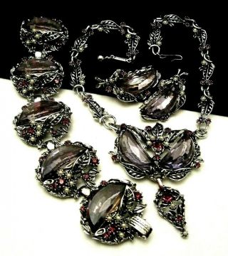 Rare Vintage Purple Glass Rhinestone Silverton Necklace,  Bracelet & Earring Set
