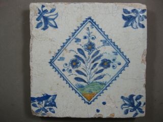 Antique Dutch Polychrome Flower Tile Rare 17th Century -