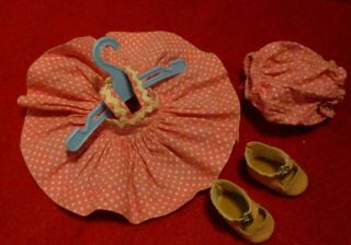Vintage Vogue Ginny Lot5 - 1957 Pink polka dot dress& panties ' 53 Pink snap shoes 2