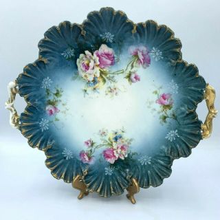 Antique Porcelain China Handled Cake Plate Floral Decorated Shell Scallop Edge