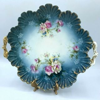 Antique Porcelain China Handled Cake Plate Floral Decorated Shell Scallop Edge 2