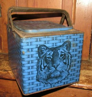 Antique Advertising Blue Tiger Brand Tobacco Tin Litho Lunch Pail Style W/handle