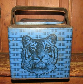ANTIQUE ADVERTISING BLUE TIGER BRAND TOBACCO TIN LITHO LUNCH PAIL STYLE W/HANDLE 2