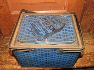 ANTIQUE ADVERTISING BLUE TIGER BRAND TOBACCO TIN LITHO LUNCH PAIL STYLE W/HANDLE 3