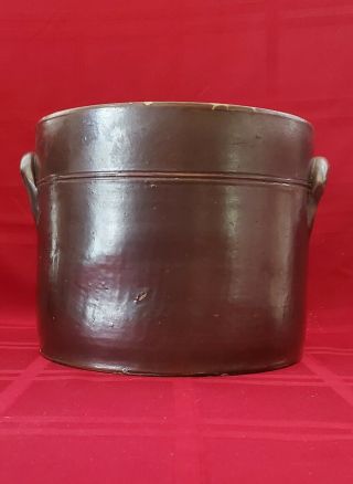 Antique Brown Crock W/ Handles 6.  5 " X 8 " Stoneware Redware Primitive