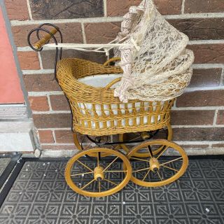 Antique Baby Doll Stroller Vintage Wooden Carriage Buggy Small Doll Buggy 3