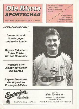 Bayern Munich V Norwich City 1993/94 Uefa Cup Rare Die Blaue Issue