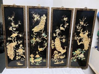 4 Vintage Asian Black Lacquer Mother Of Pearl Wall Panels Art Rare Peacock Scene