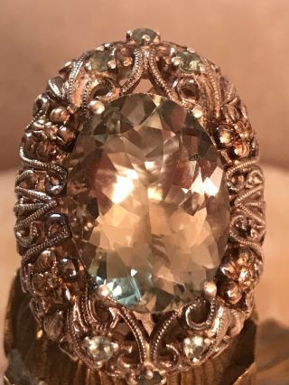 Estate 14k Gold,  Diamond,  Green Amethyst & 925 Sterling Silver Ring,  Rare