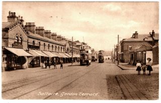 Rare Postcard Trams Shops - Girls & Boys - Gordon Terrace - Saltaire Village Bradford